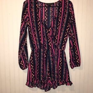 Living Doll V-Neck long sleeve Aztec romper shorts with ruffles size small
